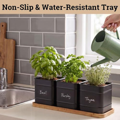 Herb Planter Indoor, 3-pc Herb Pots w/ Drainage Holes, Bamboo Tray & Labels | Iron Herb Pots, Varnished Bamboo Tray with Anti-Skid Base, Customizable Oval Sticker and Stick Labels & Chalkboard Marker Pen - color: Black