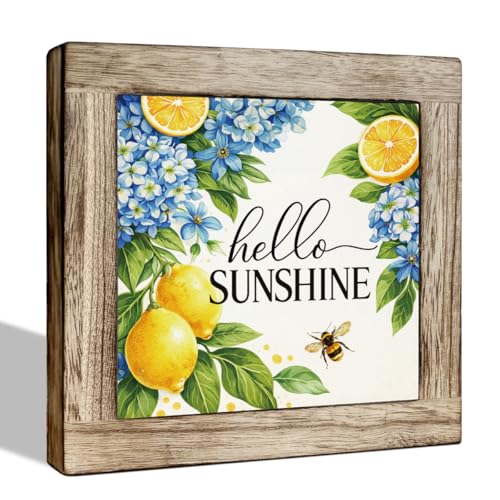Hello Sunshine Wooden Box Sign - Rustic Summer Decor with Lemon and Blue Hydrangea Design, Perfect for Tabletop, Kitchen, Desk, Porch, Beach House, Seasonal Home Decoration - color: Summer 12