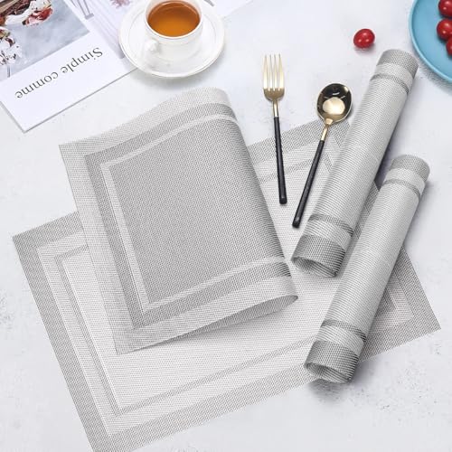 Placemats Set of 6, Heat Resistant Place Mats, Washable PVC Table Mats, Woven Vinyl Placemats, Non-Slip Stain Resistan Plastic Placemats for Table (Silver, 6) - color: Silver