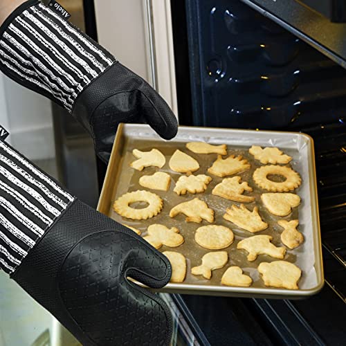 Alselo Silicone Oven Mitts Heat Resistant 932℉ with Waterproof & Non-Slip | Kitchen Mittens Set of 2,Extra Long 7.5"x15" Oven Gloves with Soft Cotton Terry Lining for Baking Cooking BBQ(Black,2) - color: Black
