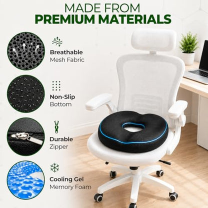 Donut Gel Sitting Pillow - Orthopedic Memory Foam for Tailbone Pain, Hemorrhoid, Bed Sores, Postpartum, Prostate, Coccyx & Sciatica Pain