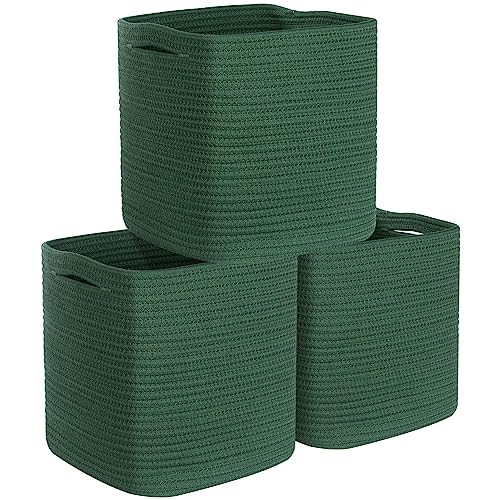 3-Pack 11x11 Inch Cube Storage Bin, Woven Storage Cube Organizer, Closet Organizer, Cute Square Storage Bins, Decorative Classroom Bathroom Pantry and Shelf Baskets, Green - color: Forest Green