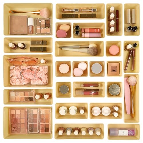 Vtopmart 25 Pack Plastic Drawer Organizers with Non-slip Rubber Pads | 4-Size Versatile Makeup Organizer, Storage Containers Small Bins for Makeup, Jewelries, Bedroom, Kitchen Utensils and Office - color: Beige