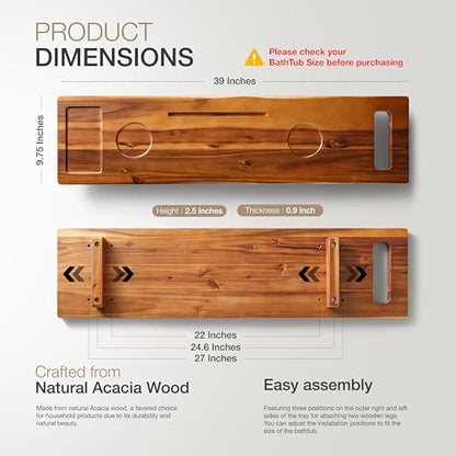 TINAMO 39" L Acacia Wood Bathtub Tray with Adjustable Width & Phone Slots | Adjustable Feet, 39" x 9.75" x 2.5", Phone & Drink Holders, Easy Assembly, Spacious Storage, Fits Most Tubs, Side Handle - color: Acacia, size: 39" x 9.8" x 2.5"
