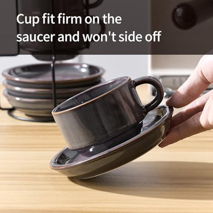 JIEMEI HOME Porcelain Stackable Cappuccino Cups with Saucers and Metal Stand, 7 Ounce Espresso Cups for Latte Coffee Cafe, Specialty Coffee Drinks, Cappuccino and Tea - Set of 4, Purple-Gray - color: Purple-Gray