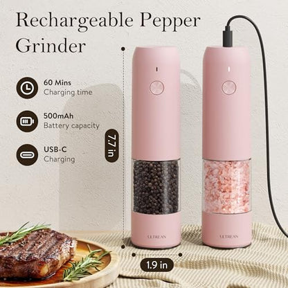 Ultrean Pepper Grinder, Rechargeable Salt and Pepper Grinder with 6 Adjustable Coarseness, LED Light, Automatic Grinder for Kitchen, Cooking Gifts for Women Valentines Day Gifts for Her, Pink - color: Pink