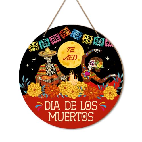 Dia De Muertos Day of The Dead Skull Wood Door Sign Home Wall Decor | Mexican Skeleton Guitar Dancing Calavera Day of The Dead Wooden Sign Party Decorations for Home Yard Porch Entryway - color: Day of The Dead03