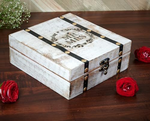 Wedding Keepsake Box with Lids Bridal Arranger Memory Storage Box Bridal Shower Gifts Wooden Wedding Engagement Couples Gifts 7X7X3 Inches Mr and Mrs (WHITE)