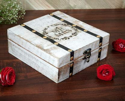 Wedding Keepsake Box with Lids Bridal Arranger Memory Storage Box Bridal Shower Gifts Wooden Wedding Engagement Couples Gifts 7X7X3 Inches Mr and Mrs (WHITE)