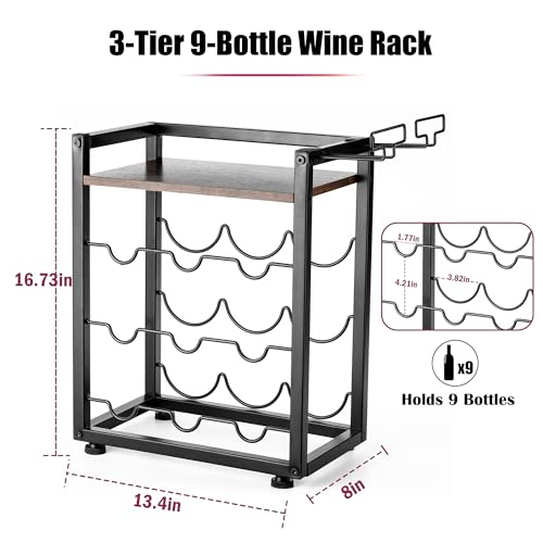facka Wooden Countertop Wine Rack with Tray, Freestanding Wine Bottle Holder for 9 Bottles & 2 Glasses, Rustic Wine Stand for Home, Bar, Kitchen, Wine Cellar