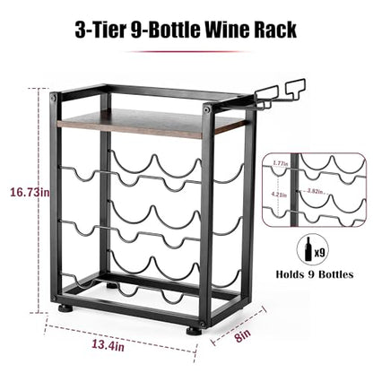 facka Wooden Countertop Wine Rack with Tray, Freestanding Wine Bottle Holder for 9 Bottles & 2 Glasses, Rustic Wine Stand for Home, Bar, Kitchen, Wine Cellar