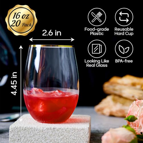 FOCUSLINE 20pcs 16 Oz Plastic Wine Glasses, Stemless Gold Rim, Heavy Duty Disposable Drinking Cups, Reusable Shatterproof for Party & Wedding | Thick and Durable, Shatter-Resistant, and Reusable; Ideal for Weddings, Parties, Toasts, and Various Celebratio