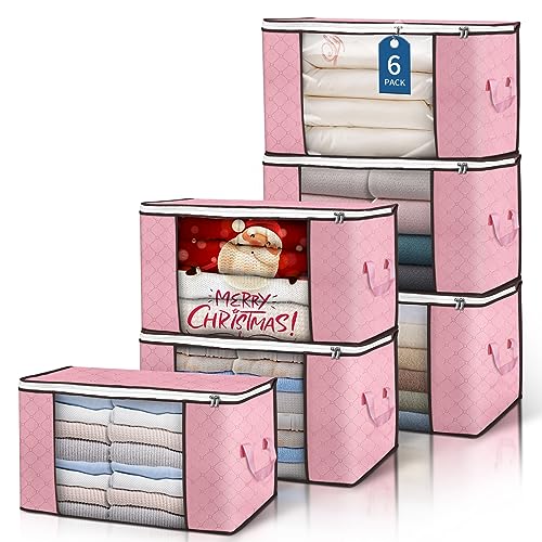 90L Large Storage Bags, 6 Pack Clothes Storage Bins Closet Organizers | Foldable Storage Containers, with Reinforced Handle, for Clothing, Blanket, Comforters, Bed Sheets, Pillows and Toys - color: Pink, size: 6 Pack
