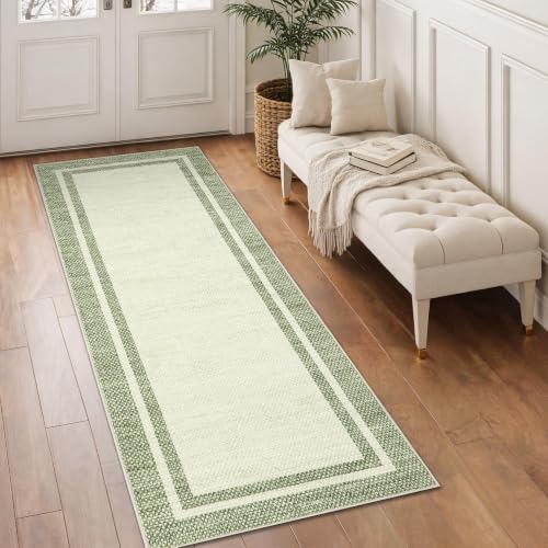 Garvee 2x6 Neutral Border Kitchen Rugs Non Slip Washable Rugs，Green | Living Room Low Pile Floor Cover for Entryway Stain Resistant Indoor Carpet for Hallway - color: Modern Border - Green, size: 2' x 6' (Runner)