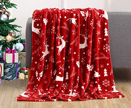 Elegant Comfort Luxury Velvet Super Soft Christmas Prints Fleece Blanket-Holiday Theme Home Décor Fuzzy Warm and Cozy Throws for Winter Bedding, Couch and Gift, 50 x 60 inch, Burgundy Reindeer - color: Burgundy Reindeer, size: 50 in x 60 in