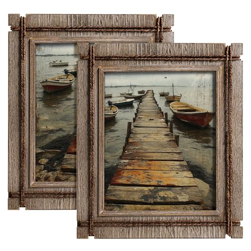 Afuly 8x10 Picture Frames Set of 2 Rustic Wood Farmhouse Unique Photo Frame | Distressed Western with Real Glass & Hemp Rope, Wall and Tabletop, Home Decor Birthday Gifts for Mom Dad Friends - size: 8x10
