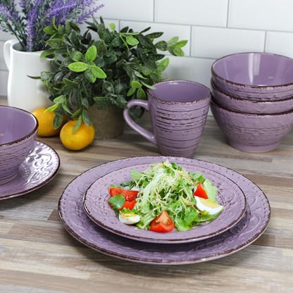 Elama Malibu Mica 16-Piece Stoneware Embossed Pattern Reactive Glaze Purple Dinnerware Set, Tableware, Serveware Set (Mica Purple) - color: Mica Purple