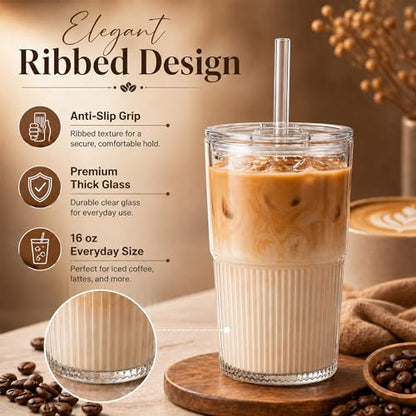 Haundry Ribbed Glass Tumbler with Lid and Straw, 4 Pack 16 oz Iced Coffee Cups, Reusable Drinking Glasses with Leak-Resistant Lids, Fits Car Cup Holders, Dishwasher Safe for Latte, Smoothie, Juice - color: 16oz-4pcs