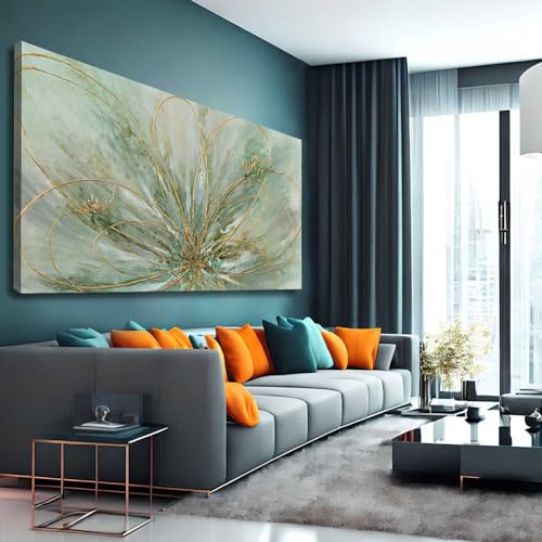 YJYart Abstract Wall Art Green and Gold Hand Painted Oil Painting Blossom Botanical Large Picture for Living Room Bedroom Kitchen Office 30x60 Inch - color: Green, size: 58"L x 29"W