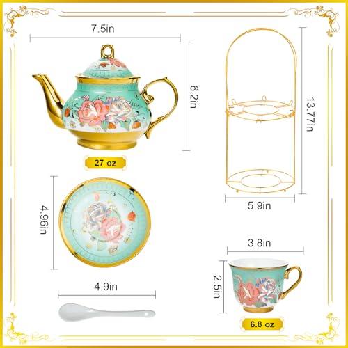 20 Pieces Porcelain Tea Set With Metal Holder, European Ceramic tea set for adults,Flower Tea Set,Tea Set For Women With Flower Painting (Large version, Green) - color: Green