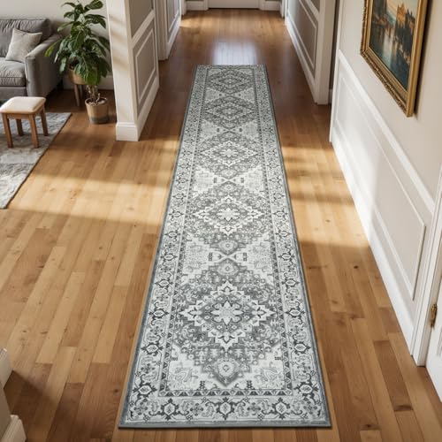 2 x 10 Runner Rug for Hallway, Washable Entryway Rugs, Grey White | Long Rug for Kitchen, Floral Medallion Vintage Carpets with Non-Slip Rubber, Boho Faux Wool Low Pile, Kid Pet Friendly - color: Grey Beige, size: 2' x 10' (Runner)