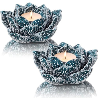 Mumufy 2 Pcs 4.7 Inch Lotus Candle Holders Blue Ceramic Flower Tealight Holder Ceramic Lotus Flower Holders for Home Decor Meditation Yoga Room Bathroom Table Centerpiece Decorative