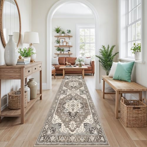 RUUGME Runner Rug 2'6x10 Washable: Non-Slip Boho Runner Rugs for Kitchen Hallway Entryway Soft Low Pile Ultra Thin Carpet Vintage Distressed Home Decor for Bathroom Laundry Room (Beige,2'6''x10') - color: Beige, size: 2'6" x 10'