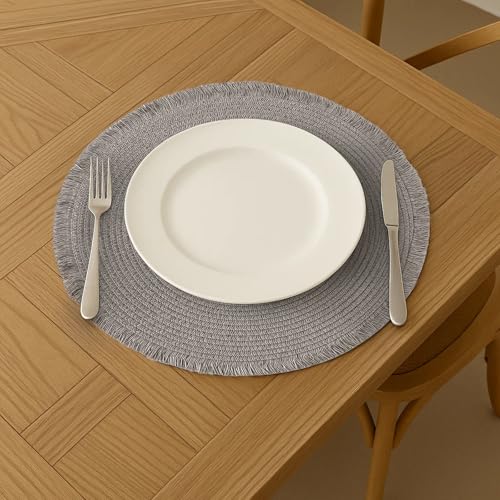 15 Inch Set of 6 Round Braided Woven Placemats Wipeable Paper Heat Resistant Table Mats with Fringe Tassel Boho Indoor Outdoor Table Placemats for Dining Tables (Grey) - color: Gray
