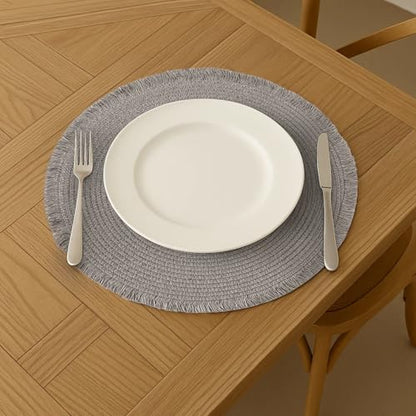 15 Inch Set of 6 Round Braided Woven Placemats Wipeable Paper Heat Resistant Table Mats with Fringe Tassel Boho Indoor Outdoor Table Placemats for Dining Tables (Grey) - color: Gray