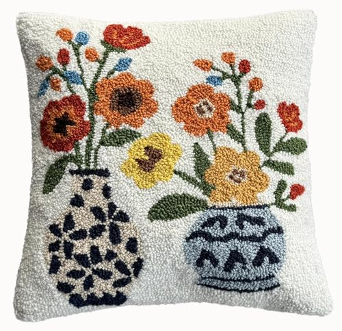 Flowers in Chinoiserie Vases Hand-Hooked Pillow Cover 16"x16" | Decorative pillowcase, floral chinoiserie vase design, hidden zipper, boho farmhouse style, cushion cover for couch bed sofa - color: Chinoiserie Vases