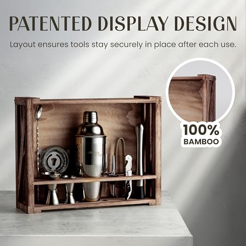 Mixology & Craft Rustic Cocktail Shaker Set – Includes Wood Stand, Complete Barware Kit with 24 Oz Shaker, Dual Jiggers, Pourers, Muddler, Strainer – Perfect for Home Bartenders (Gun-Metal Black) - color: Gun-metal Black