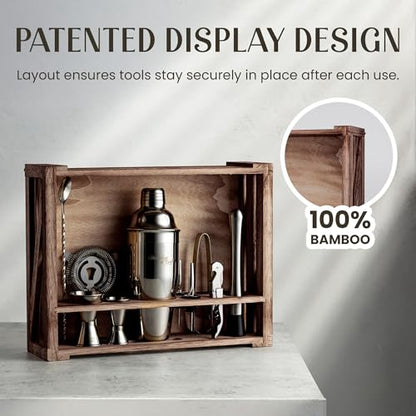 Mixology & Craft Rustic Cocktail Shaker Set – Includes Wood Stand, Complete Barware Kit with 24 Oz Shaker, Dual Jiggers, Pourers, Muddler, Strainer – Perfect for Home Bartenders (Gun-Metal Black) - color: Gun-metal Black