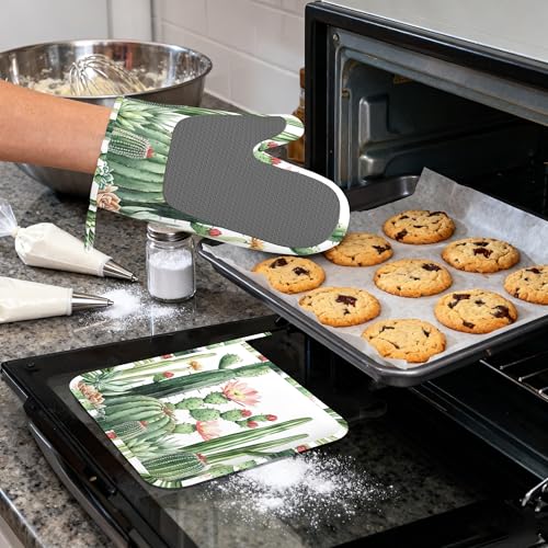 Cactus Succulent Greenery Flower Heat-Resistant Silicone Oven Mitts and Pot Holder 4 Piece Set,Non-Slip Kitchen Oven Gloves for Baking, BBQ, Cooking,Grilling - color: Cactus Succulent Greenery Flower