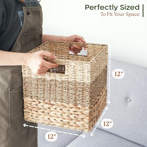 12x12 Baskets for Cube Storage, Wicker Cube Storage Bins Set 4 | 12x12x12 Storage Bins, Foldable Square Baskets For Cube Shelves, Kallax Woven Bins, Versatile Storage, Natural Water Hyacinth - size: 11.8 x 11.8 in