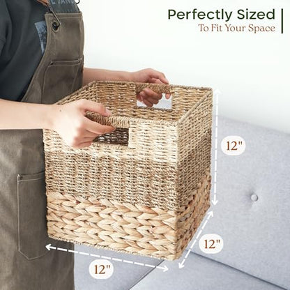 12x12 Baskets for Cube Storage, Wicker Cube Storage Bins Set 4 | 12x12x12 Storage Bins, Foldable Square Baskets For Cube Shelves, Kallax Woven Bins, Versatile Storage, Natural Water Hyacinth - size: 11.8 x 11.8 in
