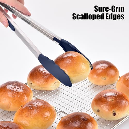 Doosu 600°F Heat Resistant Kitchen Tongs for Cooking with Non-Scratch Silicone Tips (7+9+12in, Navy Blue) & 3-Piece Silicone Spatula Set Food Grade Baking Supplies Cooking Tools (Black+Lake Blue+Aqua)
