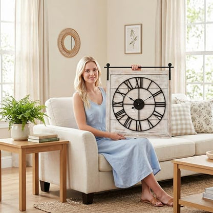 24 Inch Large Rustic Wall Clock, Farmhouse Square Wood Frame with Black Metal Barn Door Style Hanging Rod, Silent Non-Ticking Quartz Movement, for Living Room, Fireplace, or Dining Room - color: Beige