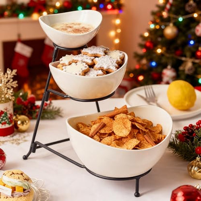 Gomakren 3 Tiered Serving Bowl Set, Chip and Dip Serving Set with Stand | Multi-Capacity Porcelain Bowls Holiday Party Display | Stable Serving Tray, Easy Store | for Fruit Appetizer Entertaining - color: Black Stand