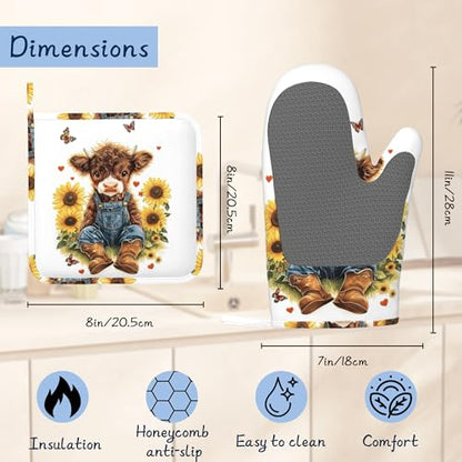 Oven Mitts and Pot Holders Sets,Cute Highland Cow Thick Cotton Kitchen Oven Mitt Set,Rustic Sunflowers Butterfly Waterproof Anti-Slip Silicone Mittens for Baking,Cute Cooking Utensils Set - color: Cute Highland Cow