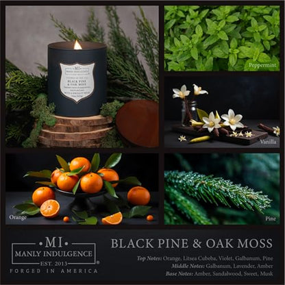 Manly Indulgence Black Pine Oakmoss Scented Candles for Men, 15 oz Wooden Wick, Premium Soy Blend Wax, 60H Burn, Candles for Home Scented - Made in The USA - color: Black Pine & Oak Moss