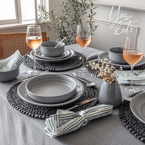 over&back Rim Dinnerware Set - Stoneware Dishes - Comes with 4 Dinner Plates, Salad Plates, Cereal Bowls, and Dinner Bowls - 16-Piece All-Occasion Place Settings - Serves Four - Semi-Matte Charcoal - color: Charcoal, size: Dinner Set | 16 Pieces
