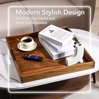 Large Square Ottoman Tray for Living Room and Coffee Table, Decorative Acacia Wood Serving Tray with Metal Handles for Breakfast in Bed, Dinner Food Kitchen TV (Natural, 20" x 20" x 2") - size: 20" x 20" x 2"