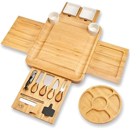 Large Bamboo Charcuterie Boards Gift Set with 4 Hidden Drawers, Cheese Knives, Ceramic Bowls & Plates, Recipe Book, Perfect House Warming Gifts New Home