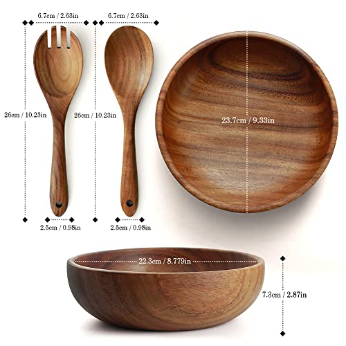 AOOSY Acacia Wood Salad Bowl Set of 3, 9Inch Handmade Wooden Salad Bowl | with Serving Spoon & Fork, Salad Mixing & Serving Set - size: 9inchX2.78inch
