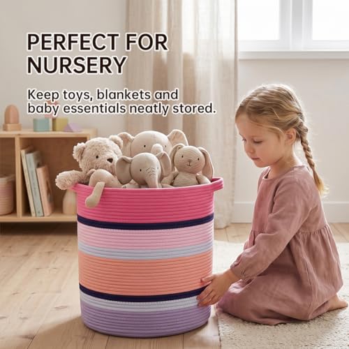 Pink Large Blanket Basket with Handles, 56 L Woven Rope Toy Basket, Foldable Storage Bin for Blankets, Toys & Laundry, stuffy storage for Bedroom & Playroom&Living room (15.7"D * 17.7"H) - size: 15.7"D * 17.7"H