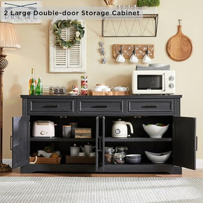 66" Farmhouse Buffet Cabinet with Storage, Sideboard Credenza, Carved Cloud-Inspired Doors, 3 Drawers & Adjustable Shelves, Coffee Bar Cabinet, Black - color: Black
