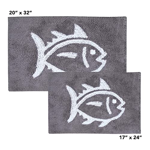 Southern Tide Reversible Bath Rug – 100% Cotton, Soft & Absorbent – Double-Sided Design with Signature Skipjack – Machine Washable Coastal Accent Rug – 20" x 32" – Grey - color: Grey