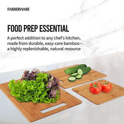 Farberware 3-Piece Wood Cutting Board Set, Reversible Chopping Boards for Meal Prep and Serving, Charcuterie Boards, Wooden Cutting Boards with Built-in Handles, Set of 3 Assorted Sizes, Bamboo - size: 11"L x 0.8"W, style: 3-Piece