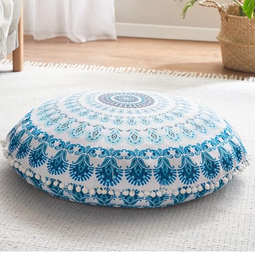Codi 32-inch Floor Pillow, Large Meditation Cushions for Adults, Aqua | Oversized Round Seating for Yoga & Zen, Supportive Shredded Memory Foam Filling, Removable Machine Washable Boho Cover - color: Round | Aqua, size: 1 Count (Pack of 1)