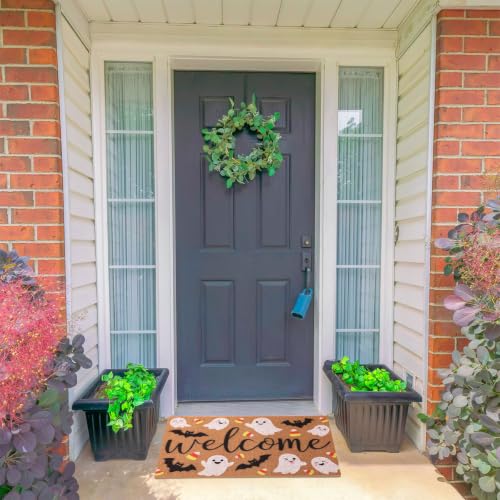 Halloween Welcome Doormat, 16.5x30in Faux Coir Welcome Door Mat | Non Slip Backing, Washable and Reusable, Quick Drying, Bat Ghost Candy Pattern, Halloween Decor, Indoor Outdoor Porch Use - style: Halloween